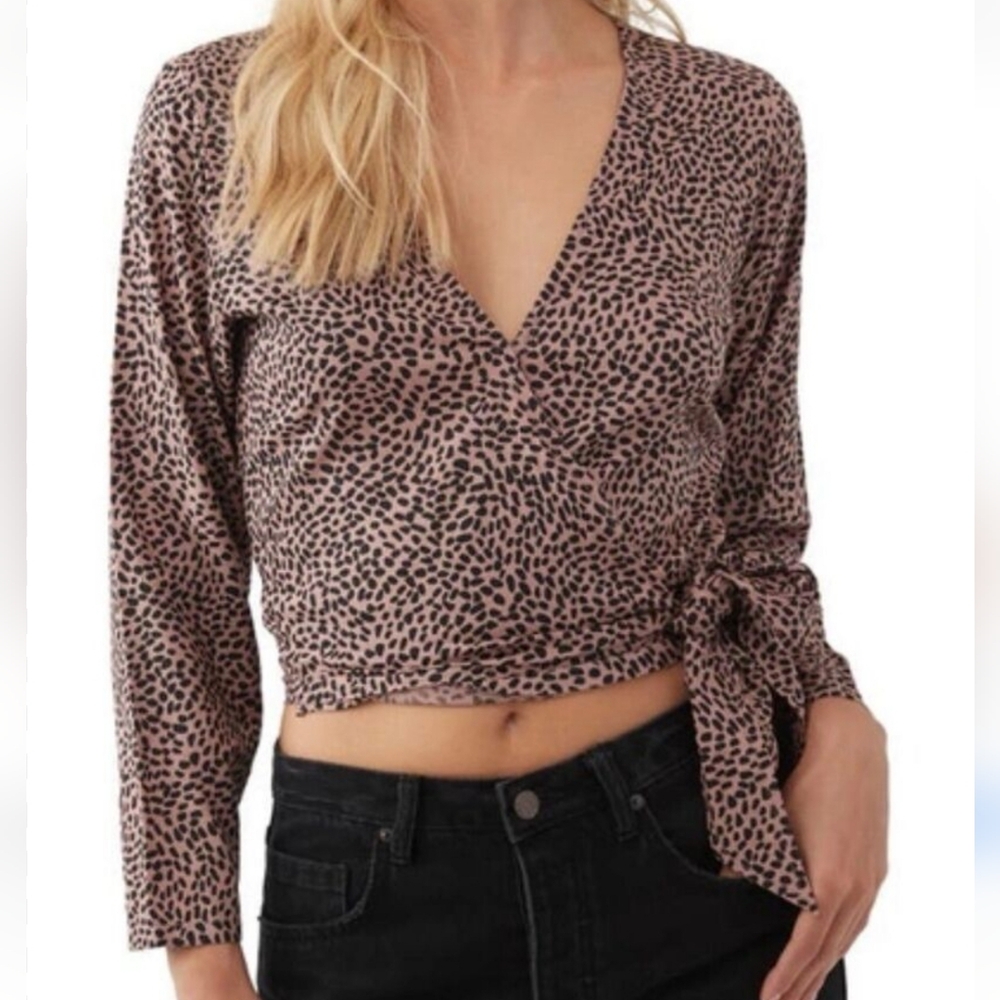 O'Neill Animal Print Long Sleeve Lightweight Wrap Crop Top -XS